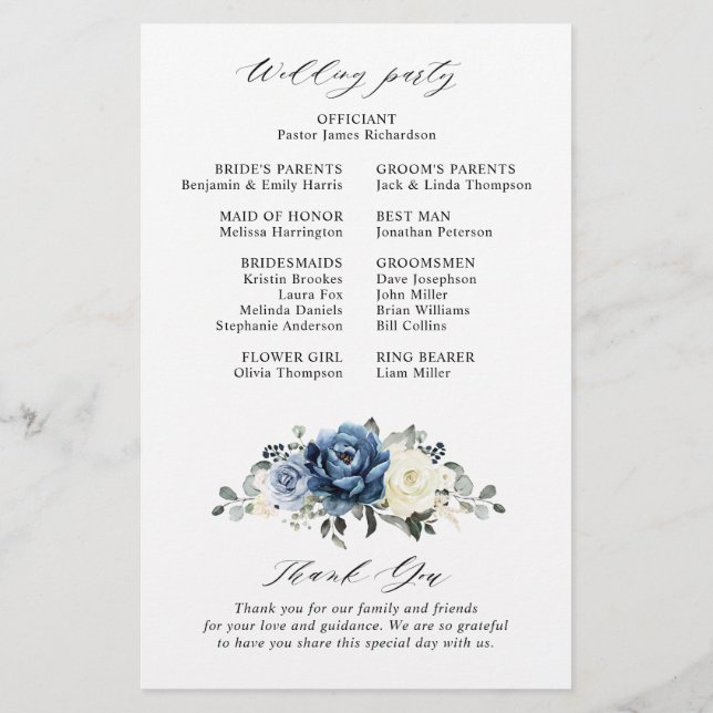 Dusty Blue Navy Champagne Ivory Wedding Programme (Dos)
