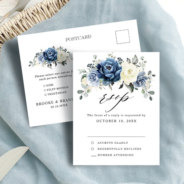 Dusty Blue Navy Champagne Ivory Wedding RSVP Postc Postkarte (Dusty Blue Navy Champagne Ivory Wedding RSVP Postcard with meal choice )