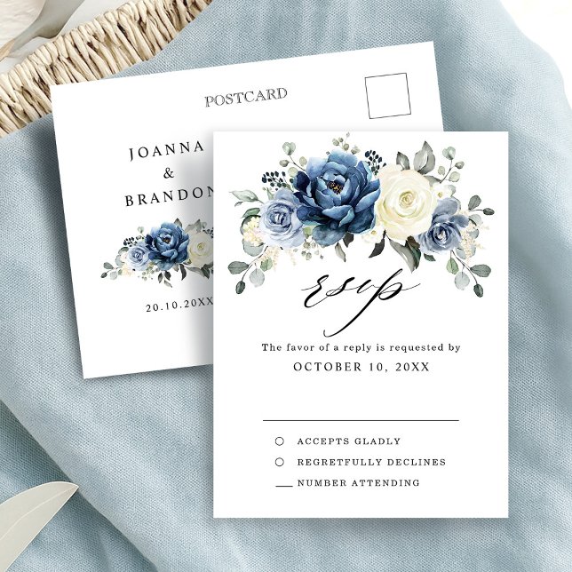 Dusty Blue Navy Champagne Ivory Wedding RSVP Postkarte (Dusty Blue Navy Champagne Ivory Wedding RSVP Postcard)