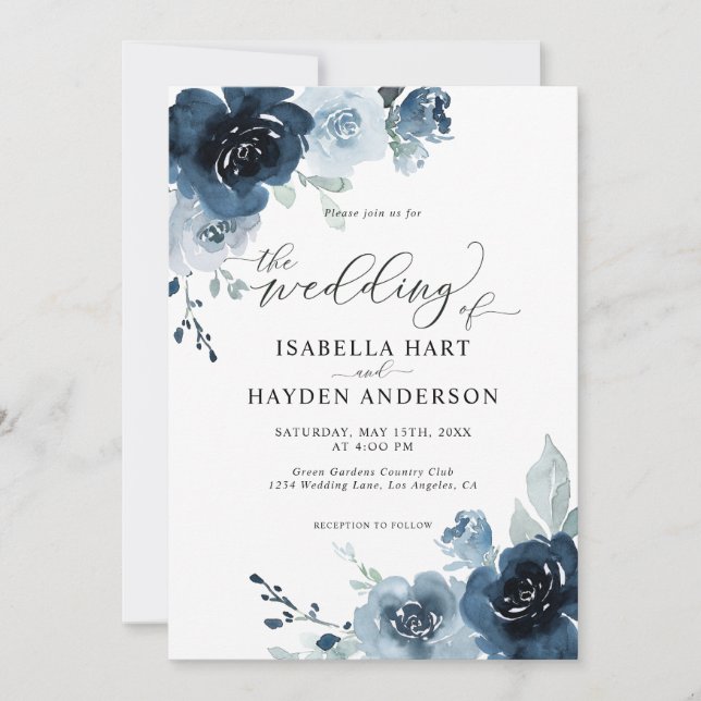 Dusty Blue Navy Dark Slate Floral Pastel Wedding Einladung (Vorderseite)