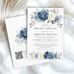 Dusty Blue Navy Elfenbein Boho Hochzeit QR-Code Einladung<br><div class="desc">Blütenbläuliche Hochzeit Einladung mit elegantem Bouquet aus Marineblau,  Königsblau ,  Weiß ,  Gold,  Champagnerelfenbein,  Rose in Rosa,  ranunculus Blume Knospen und Salbeigrün Eukalyptus-Blätter und elegantem Aquarellbouquet. Bitte kontaktieren Sie mich für Hilfe bei der Anpassung oder wenn Sie ein anderes Produkt mit diesem Design benötigen.</div>