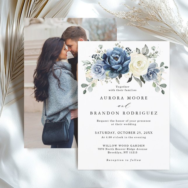 Dusty Blue Navy Elfenbein Boho Hochzeit QR-Code Einladung (Dusty Blue Navy Ivory Floral Boho Wedding Photo back Invitation)