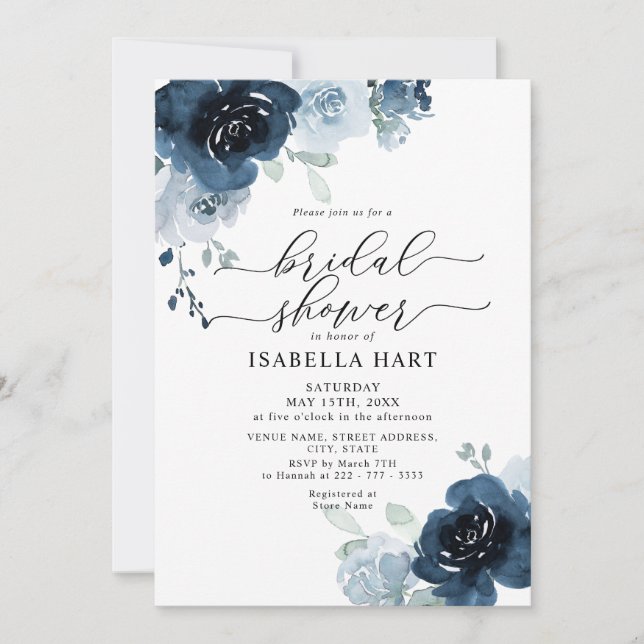 Dusty Blue Navy Floral Blume Boho Brautparty Einladung (Vorderseite)
