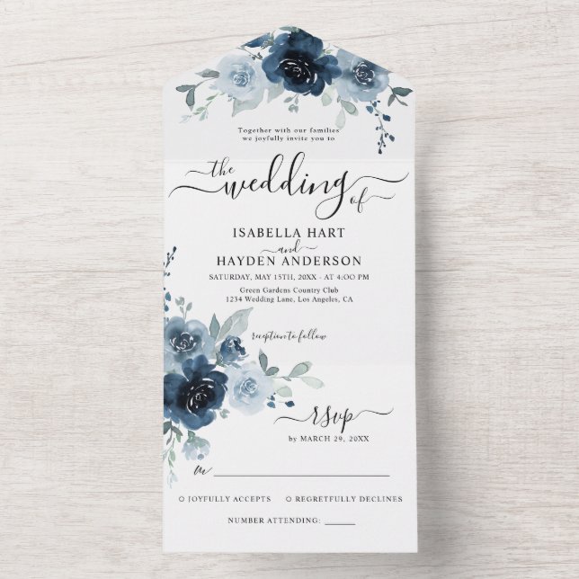 Dusty Blue Navy Floral Boho Botanical Wedding RSVP All In One Einladung (Innen Boden)
