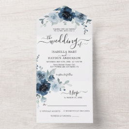 Dusty Blue Navy Floral Boho Botanical Wedding RSVP All In One Einladung