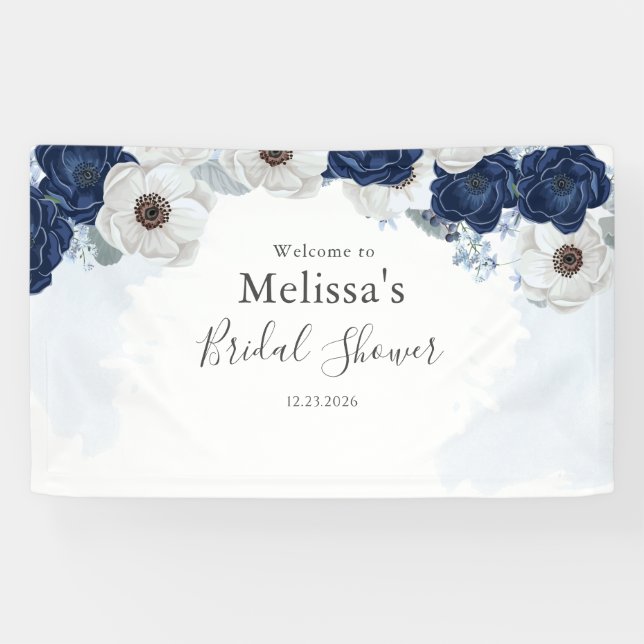 Dusty Blue Navy Floral Brautparty Banner (Horizontal)