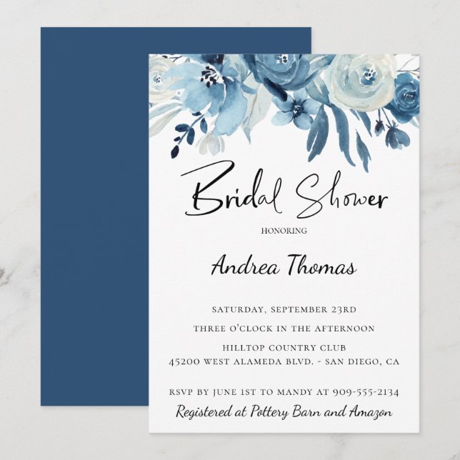 Dusty Blue Navy Floral Brautparty Einladung (Vorne/Hinten)