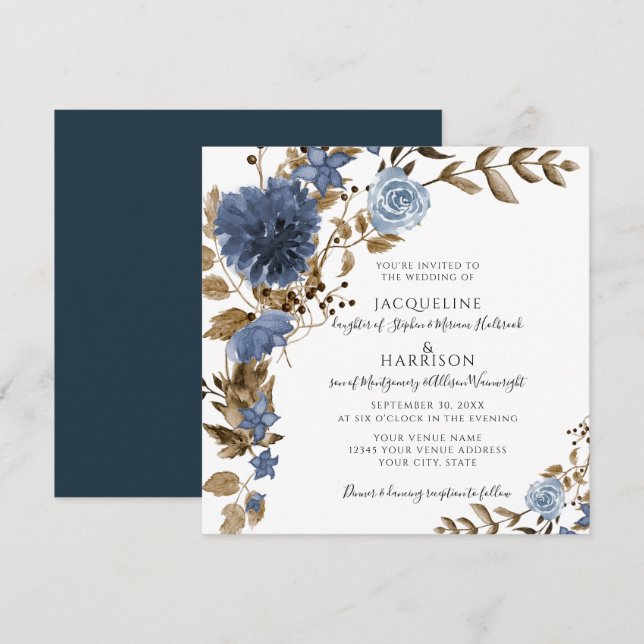 Dusty Blue Navy Floral Brown Foliage Hochzeit Einladung (Vorne/Hinten)