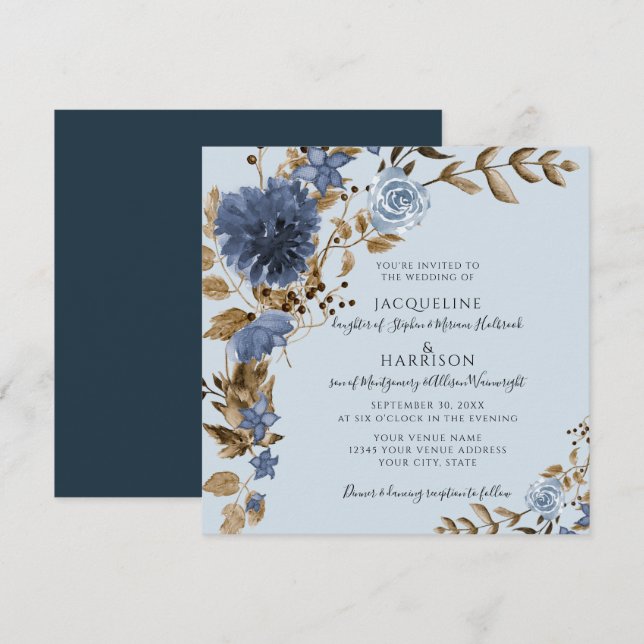 Dusty Blue Navy Floral Earth Tone Greenerity Weddi Einladung (Vorne/Hinten)