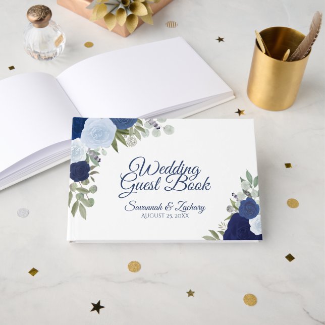 Dusty Blue & Navy Floral Elegant Boho Wedding Gästebuch (Vorderseite Offen)