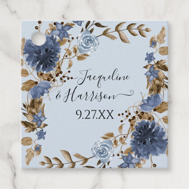 Dusty Blue Navy Floral Fall Neutral Leaf Foliage Geschenkanhänger (Vorderseite)
