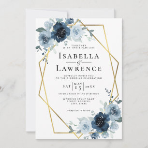 Dusty Blue Navy Floral Gold Foil Pastel Wedding Einladung