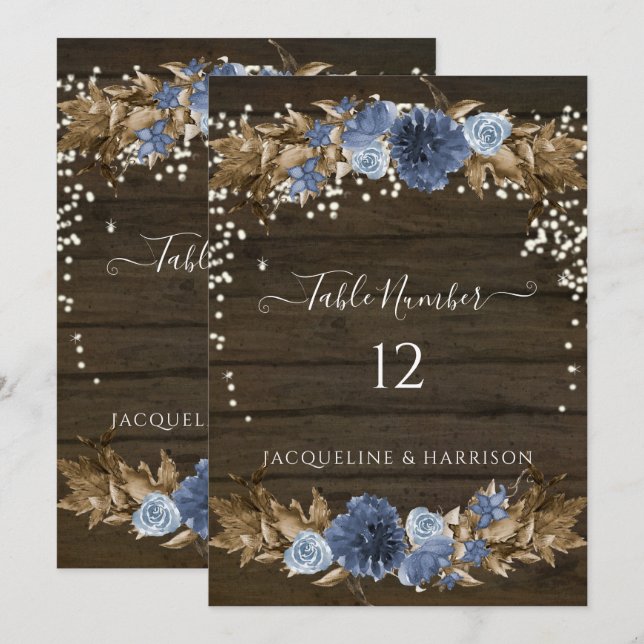 Dusty Blue Navy Floral Lights Tischnummer (Vorne/Hinten)