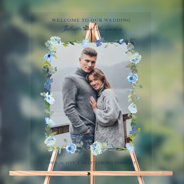 Dusty Blue Navy Floral Mariage Affiche de bienvenu (Neutre)