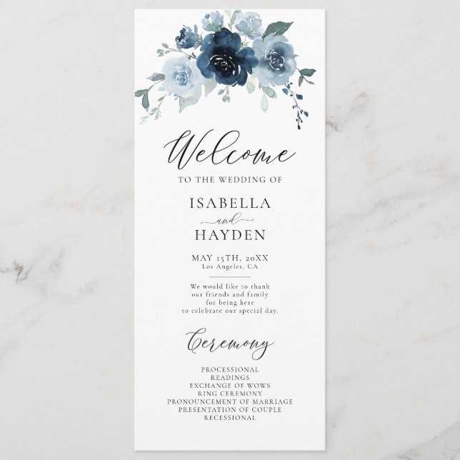 Dusty Blue Navy Floral Rustic Watercolor Hochzeit Programm (Vorderseite)