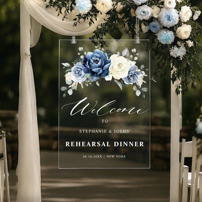 Dusty Blue Navy  Ivory Rehearsal Dinner Welcome Acrylschild (Dusty Blue Navy Ivory Floral Rehearsal Dinner Welcome Acrylic Sign)