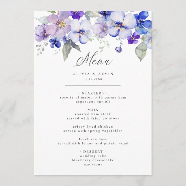 Dusty Blue Navy Lavender Lilac Floral Wedding Menu Menükarte (Vorderseite)