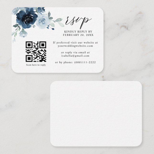 Dusty Blue Navy Pastel Floral QR Code Wedding RSVP Begleitkarte (Vorne/Hinten)