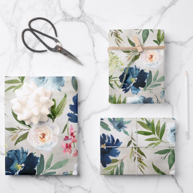 Dusty Blue & Navy Peony Blumengarten Geschenkpapier Set (Vorderseite)