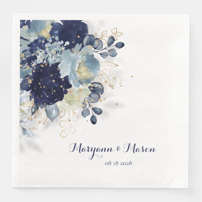 Dusty Blue Navy Peony & Eucalyptus Gold Floral Serviette (Vorderseite)