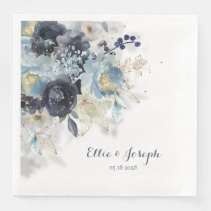 Dusty Blue Navy Peony Sparkling Gold Floral Serviette