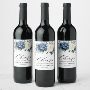 Dusty Blue Navy Sparkling Wein Elfenbeinblume Wedd Weinetikett