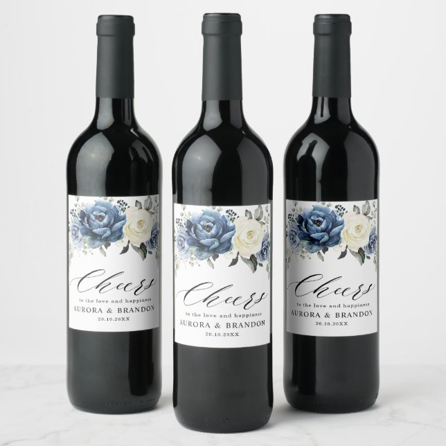 Dusty Blue Navy Sparkling Wein Elfenbeinblume Wedd Weinetikett (Flaschen)