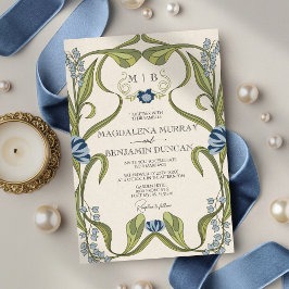 Dusty Blue Navy Vintage Art Nouveau Floral Wedding Einladung
