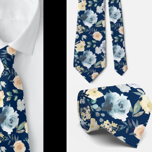 Dusty Blue Navy Wasserfarbenflorale Rose Neck Tie Krawatte (Von Creator hochgeladen)