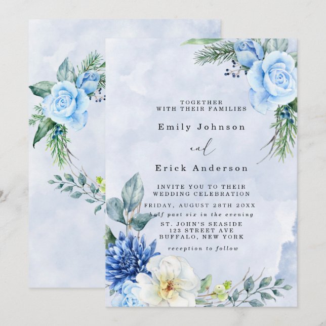Dusty Blue Navy Watercolor Peonies Wedding Einladung (Vorne/Hinten)