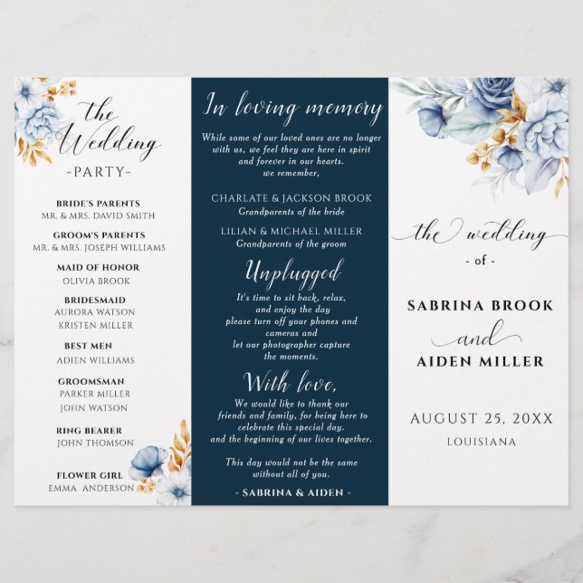 Dusty Blue Navy White Gold Floral Wedding Program (Vorderseite)