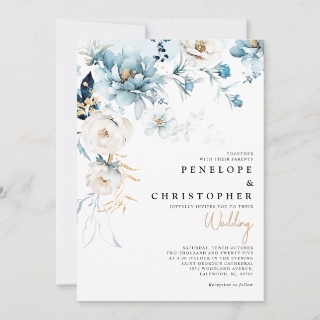Dusty Blue Navy White Ivory Gold Floral Hochzeit i Einladung (Vorderseite)