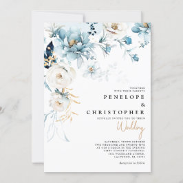 Dusty Blue Navy White Ivory Gold Floral Hochzeit i Einladung