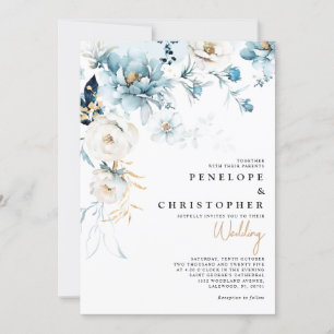 Dusty Blue Navy White Ivory Gold Floral Hochzeit i Einladung
