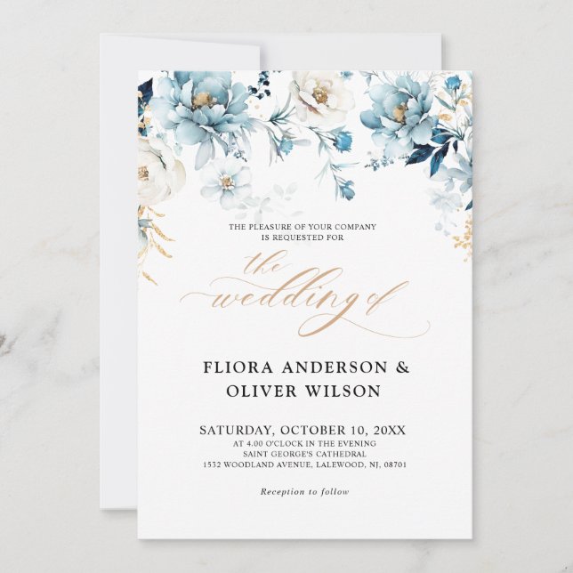 Dusty Blue Navy White Ivory Gold Floral Hochzeit i Einladung (Vorderseite)
