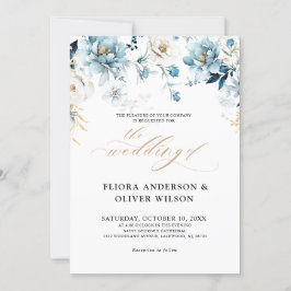 Dusty Blue Navy White Ivory Gold Floral Hochzeit i Einladung