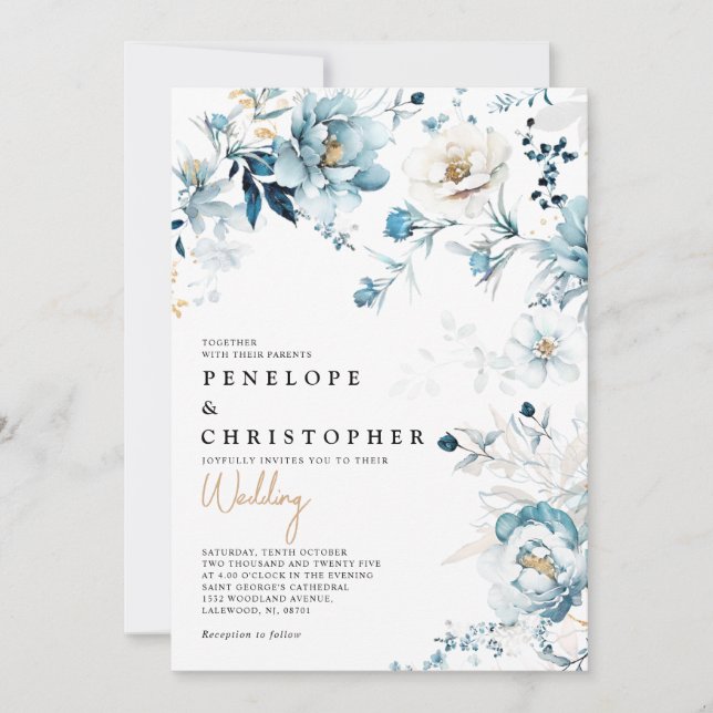 Dusty Blue Navy White Ivory Gold Floral Hochzeit i Einladung (Vorderseite)