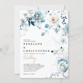 Dusty Blue Navy White Ivory Gold Floral Hochzeit i Einladung