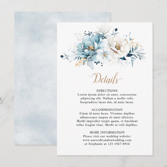 Dusty Blue Navy White Ivory Gold Floral Wedding Begleitkarte (Vorne/Hinten)