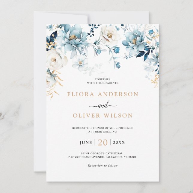 Dusty Blue Navy White Ivory Gold Floral Wedding Einladung (Vorderseite)