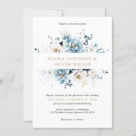 Dusty Blue Navy White Ivory Gold Floral Wedding Einladung