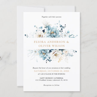 Dusty Blue Navy White Ivory Gold Floral Wedding Einladung