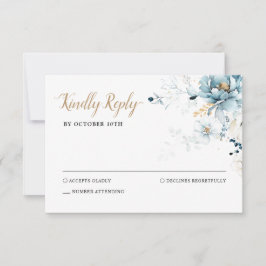 Dusty Blue Navy White Ivory Gold Floral Wedding RSVP Karte