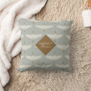 Dusty Blue Neutral Birds Krane Art Deco Monogramm Kissen