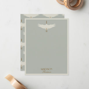 Dusty Blue Neutral Birds Swans Art Deco Monogram Mitteilungskarte