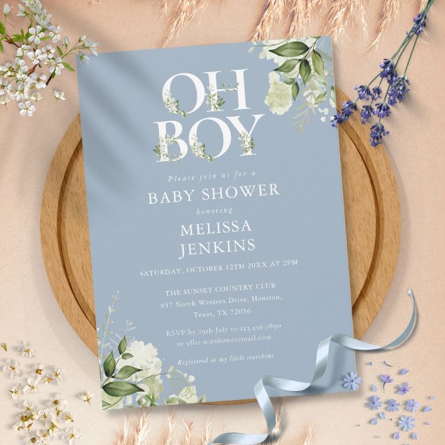 Dusty Blue Oh Boy Botanical Greenerity Baby Dusche Einladung (Von Creator hochgeladen)