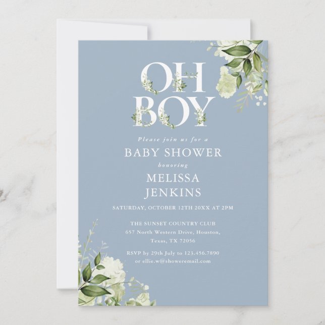 Dusty Blue Oh Boy Greenery alles in einer Babydusc Einladung (Vorderseite)
