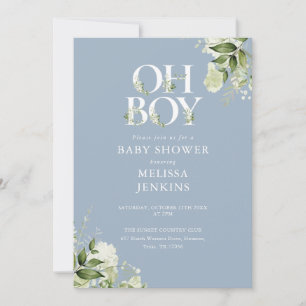 Dusty Blue Oh Boy Greenery QR Code Baby Shower Einladung