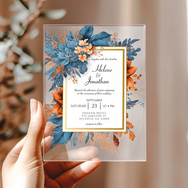 Dusty Blue Orange Floral Elegant Boho Wedding Acryleinladungen (Dusty Blue Orange Floral Elegant Boho Wedding Acrylic Invitations)
