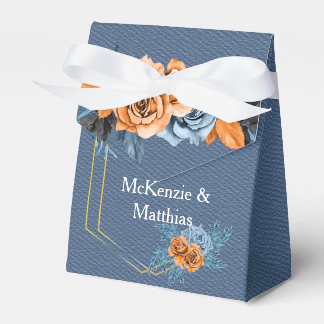 Dusty Blue Orange Gold Peony Rose Wedding Geschenkschachtel (Vorderseite)